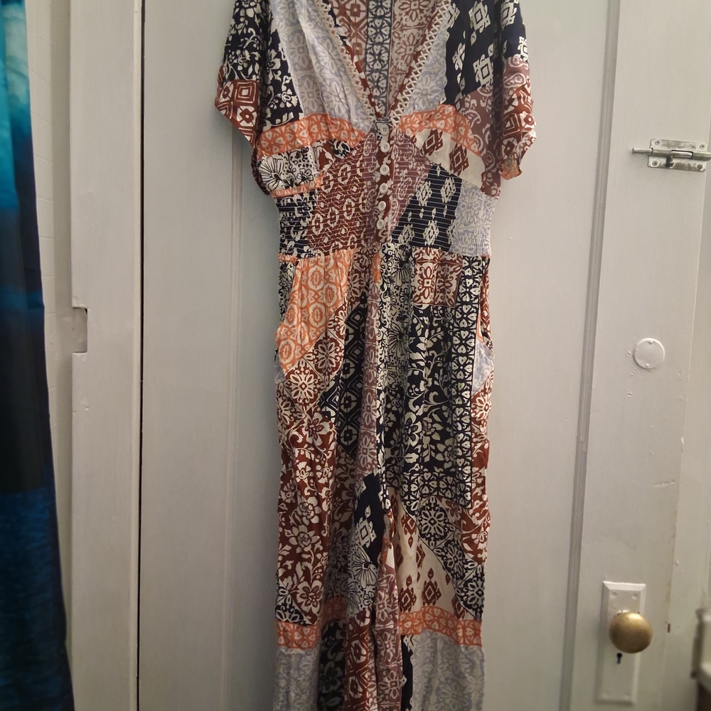 Patrons of Peace Patchwork Print Pantsuit in Black, Brown, White
